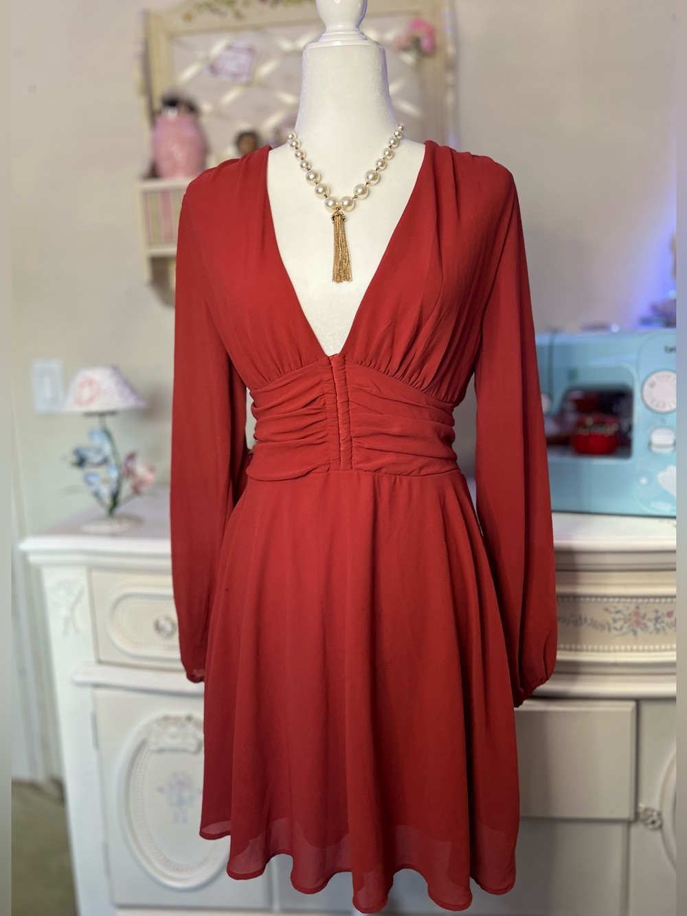 Classic Deep Orange V-Neck Long Sleeve Dress - Elegant Women's Evening Dress